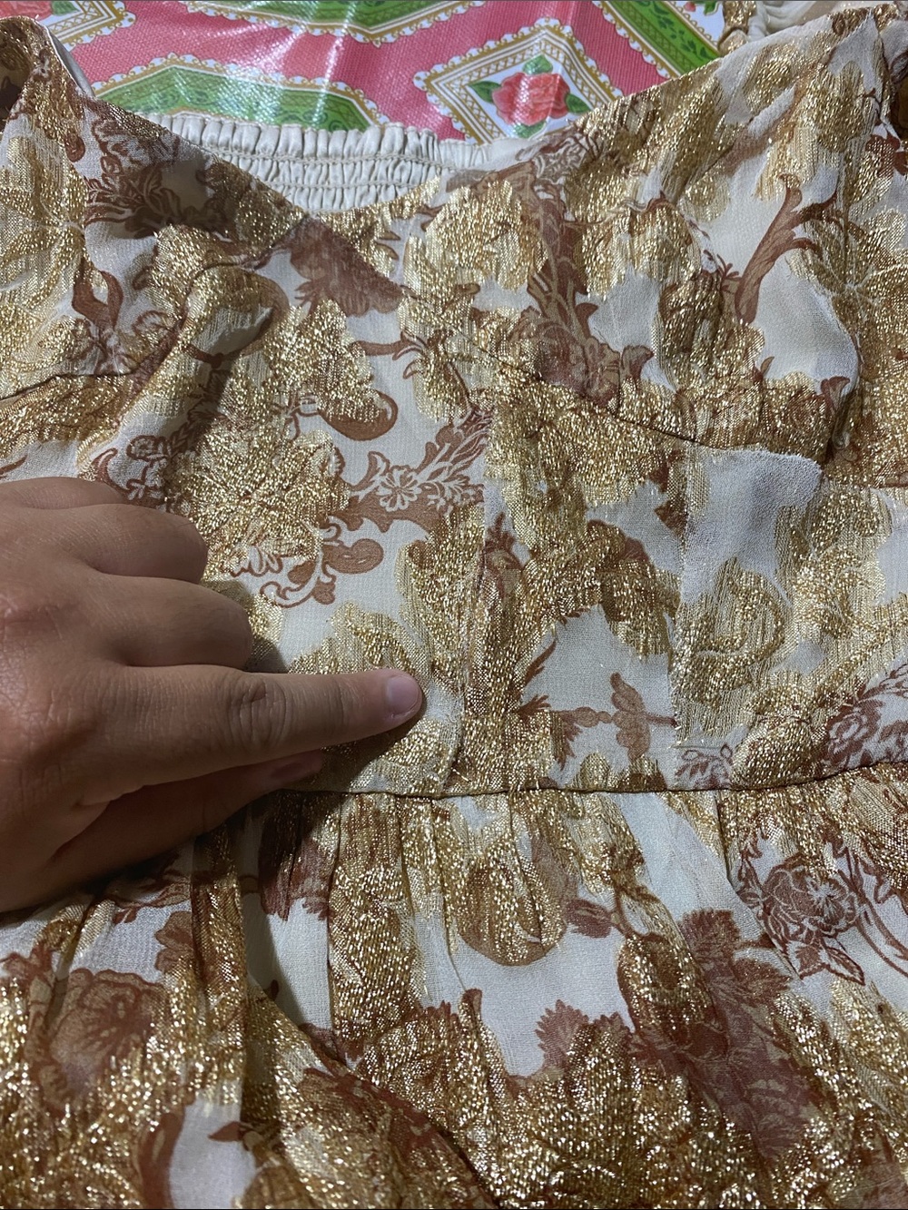 BHLDN Lurex Printed Tiered Puff Sleeve Dress Gold Metallic Size Large - Picture 10 of 11